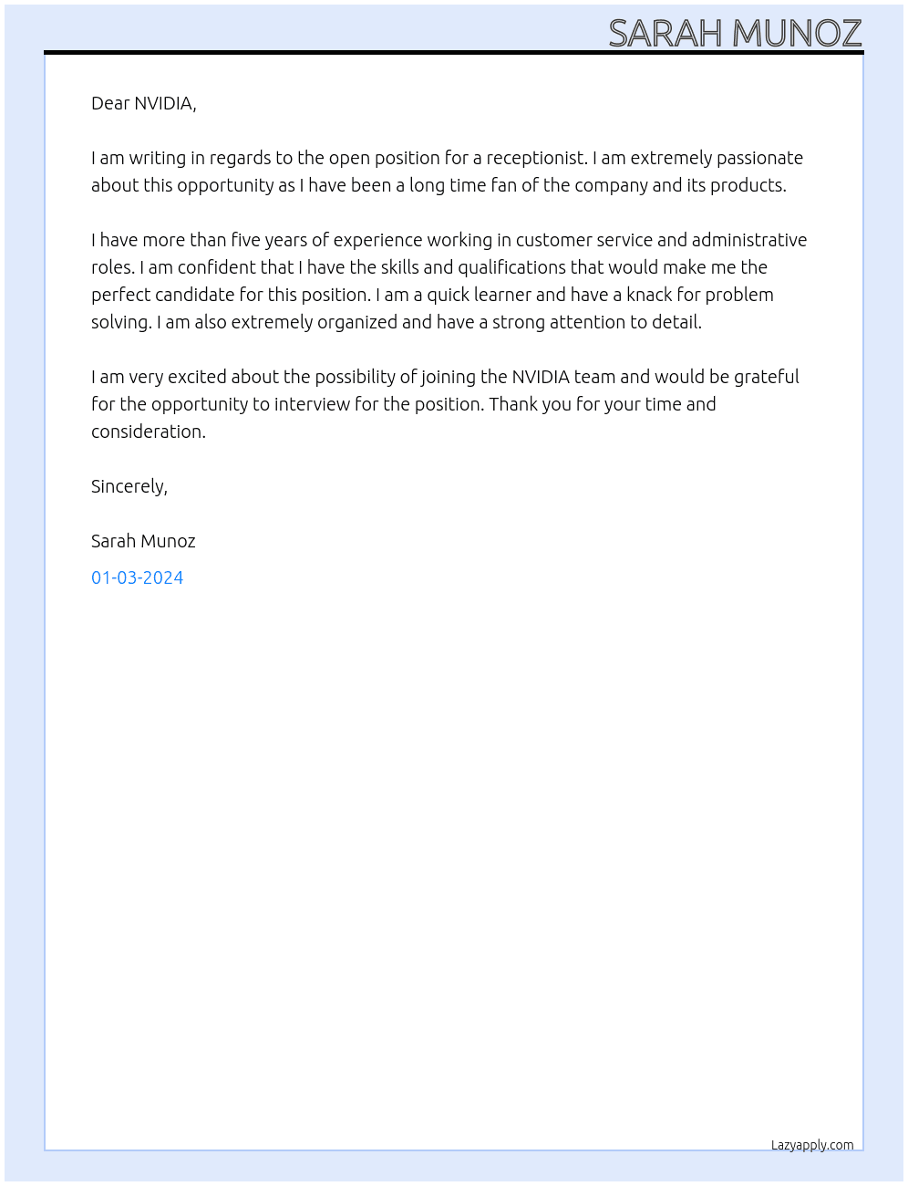 Receptionist At NVIDIA Cover Letter