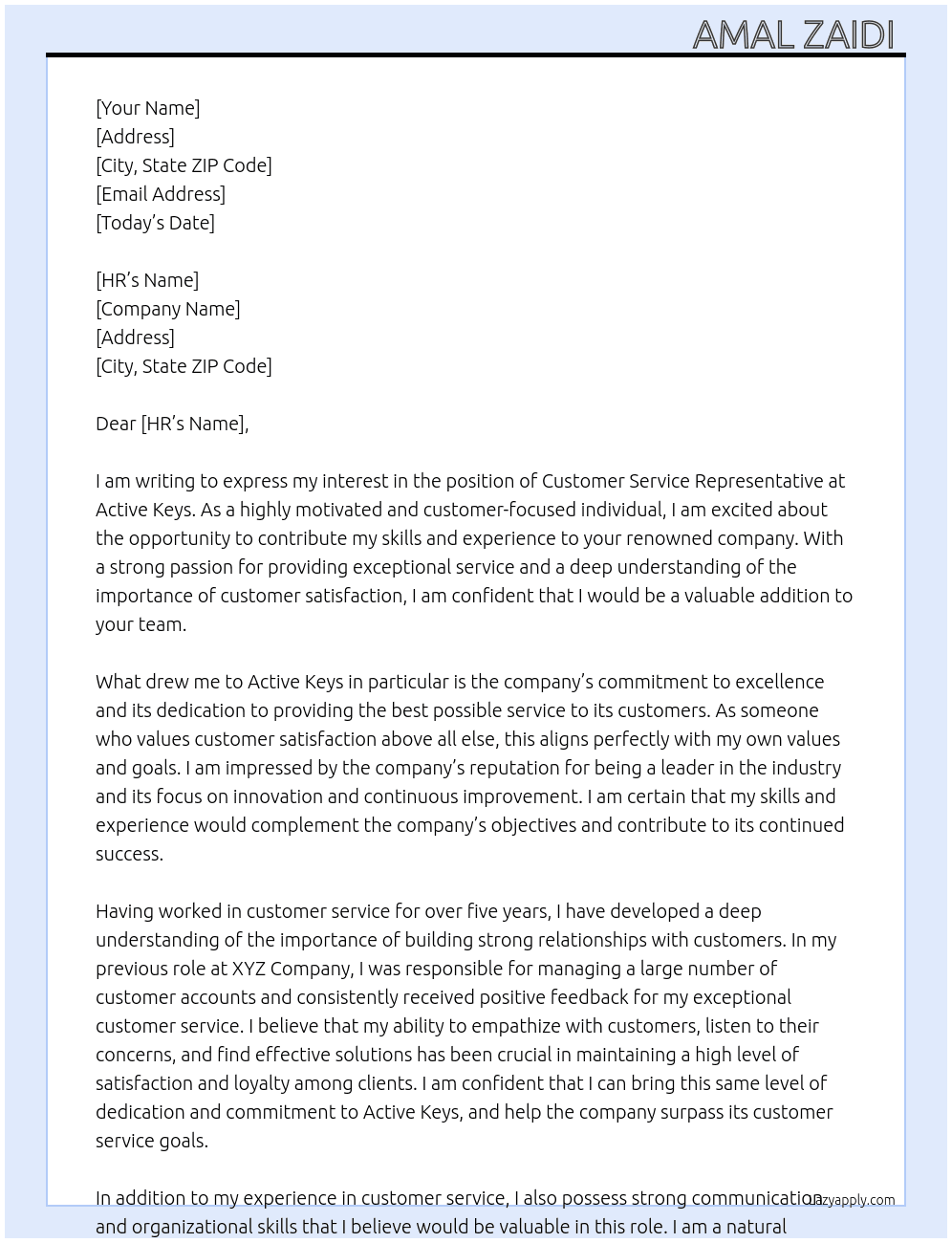 Customer Service Representative  At Active keys Cover Letter