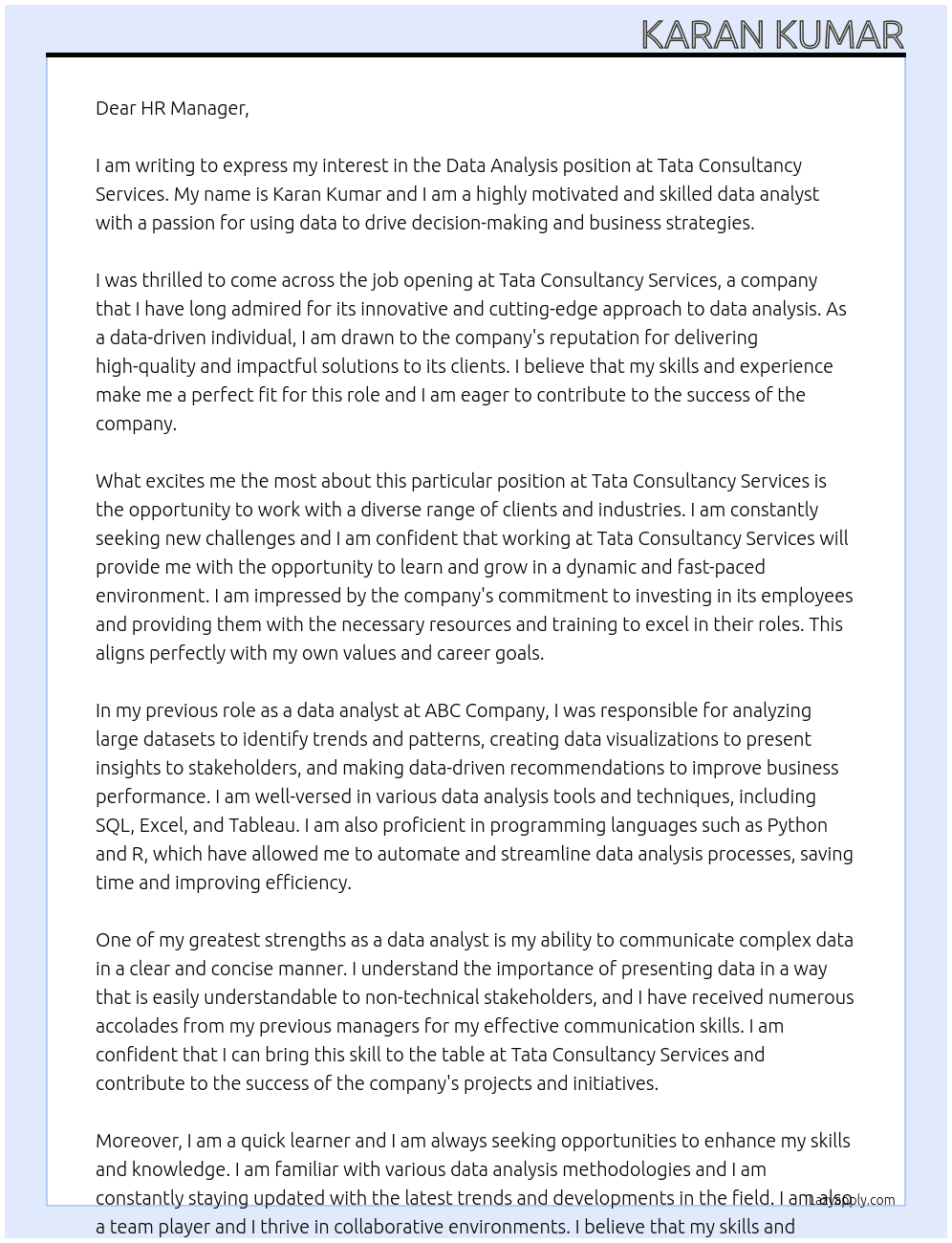 Data analysis At tata consultancy services Cover Letter