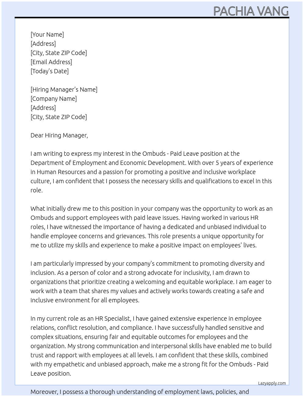 Ombuds - Paid Leave At Department of Employment and Economic Development Cover Letter