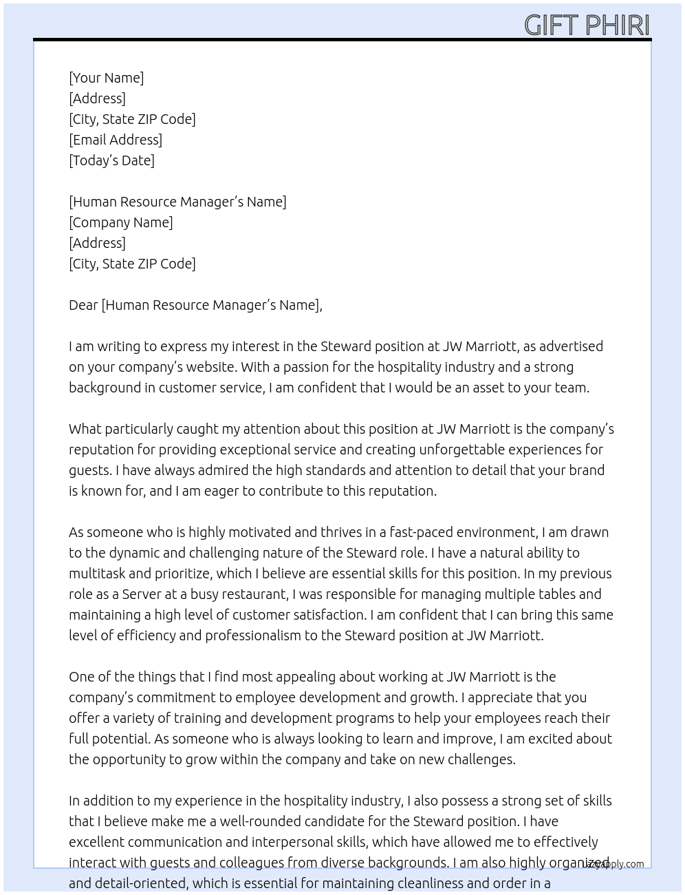 Steward  At JW Marriott  Cover Letter