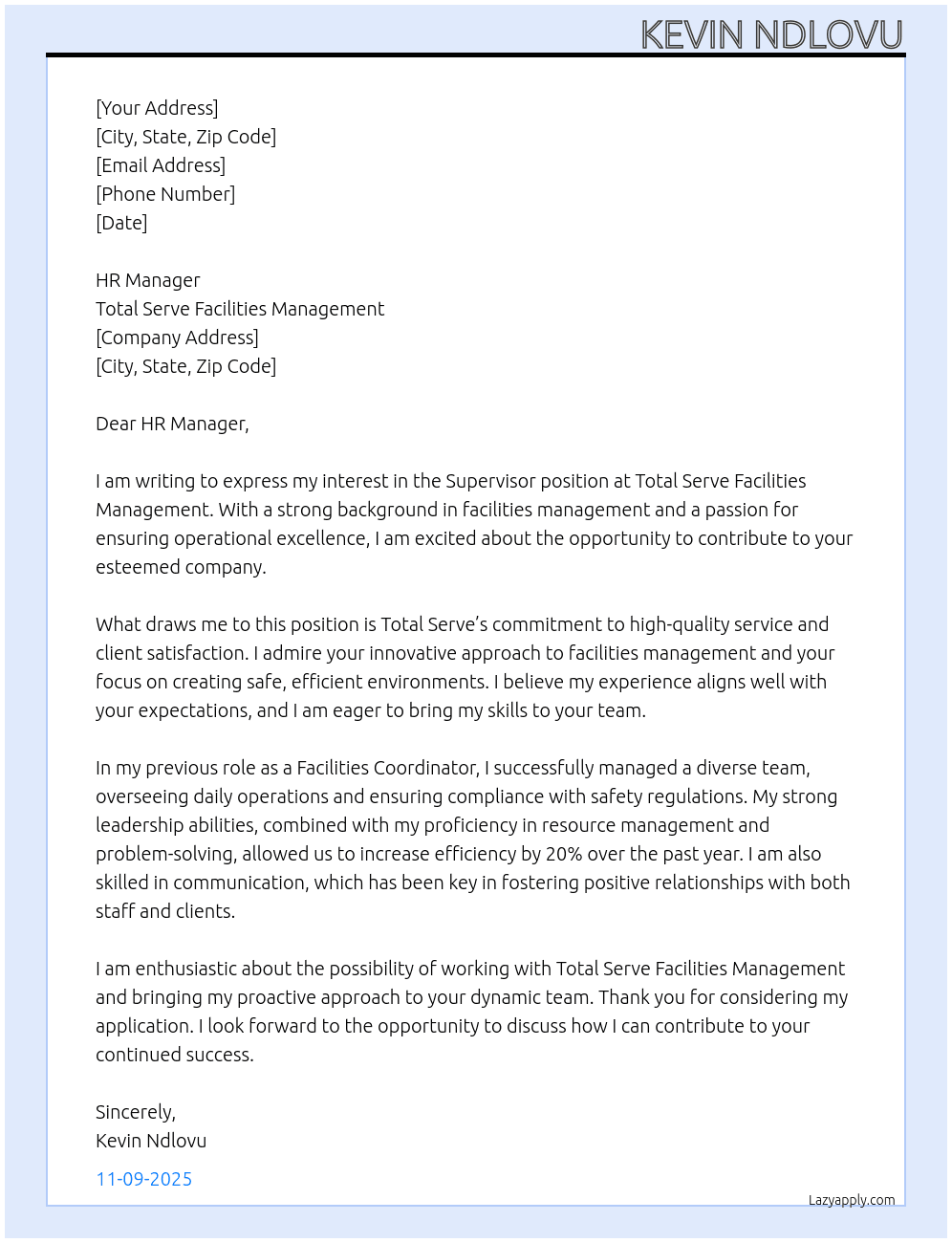 Supervisor At Total Serve Facilities Management Cover Letter