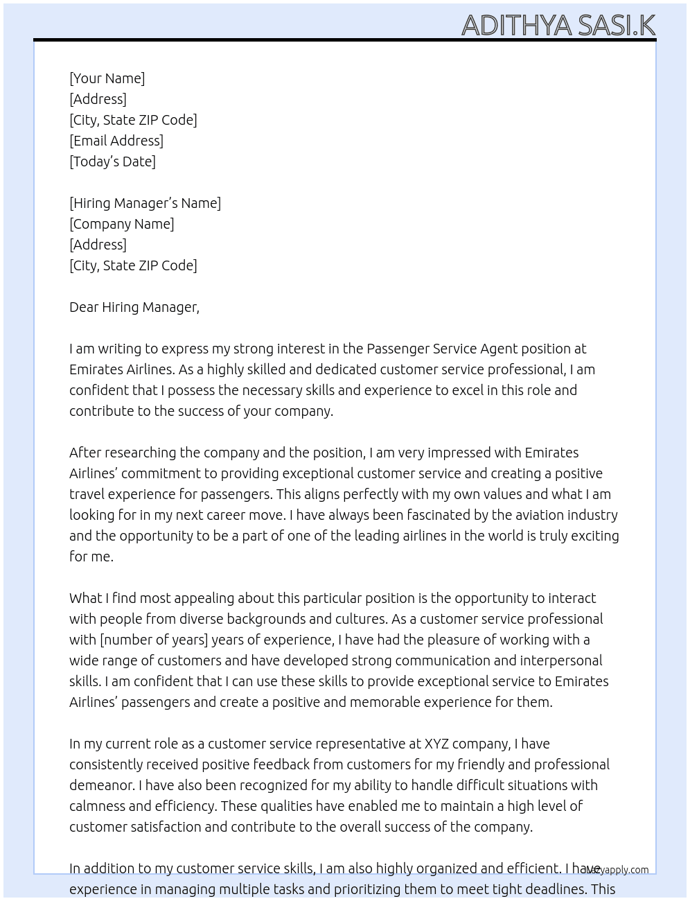 Passenger service agent  At Emirates Airlines  Cover Letter