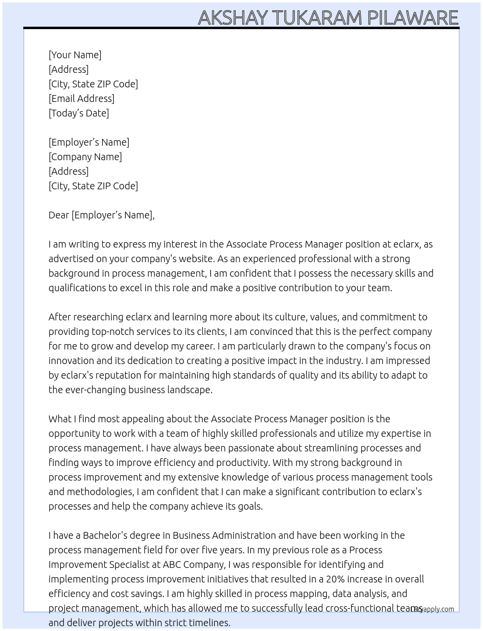 Associate Process Manager At eclarx Cover Letter