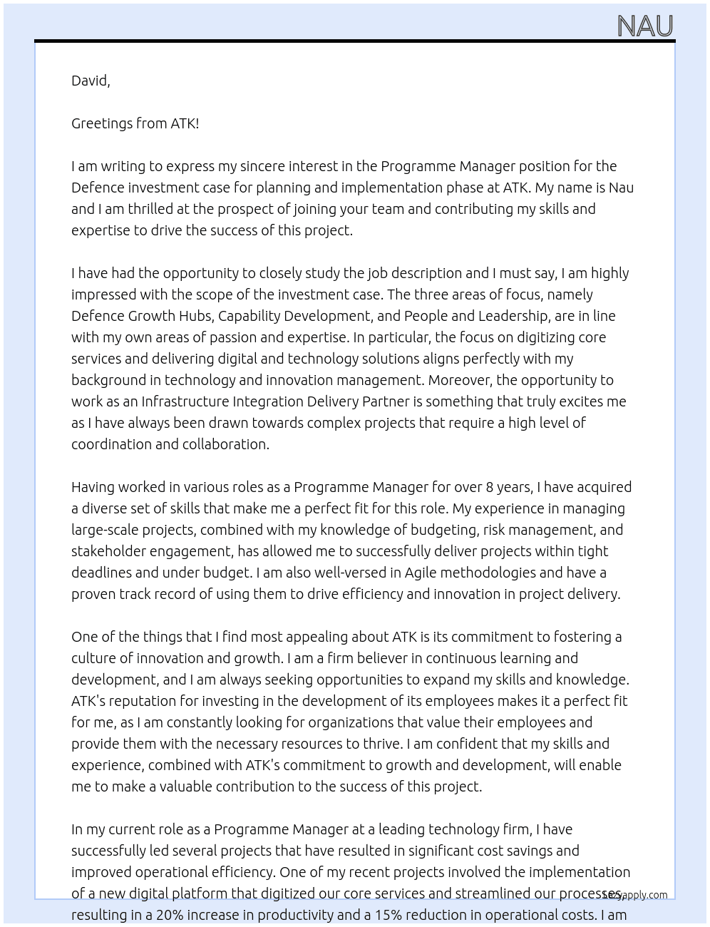 Programme Manager – In Defence investment case for planning and implementation phase. At ATK Cover Letter