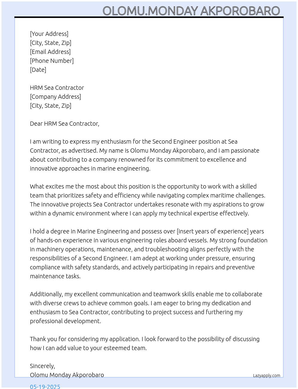 Second Engineer At Sea contractor  Cover Letter