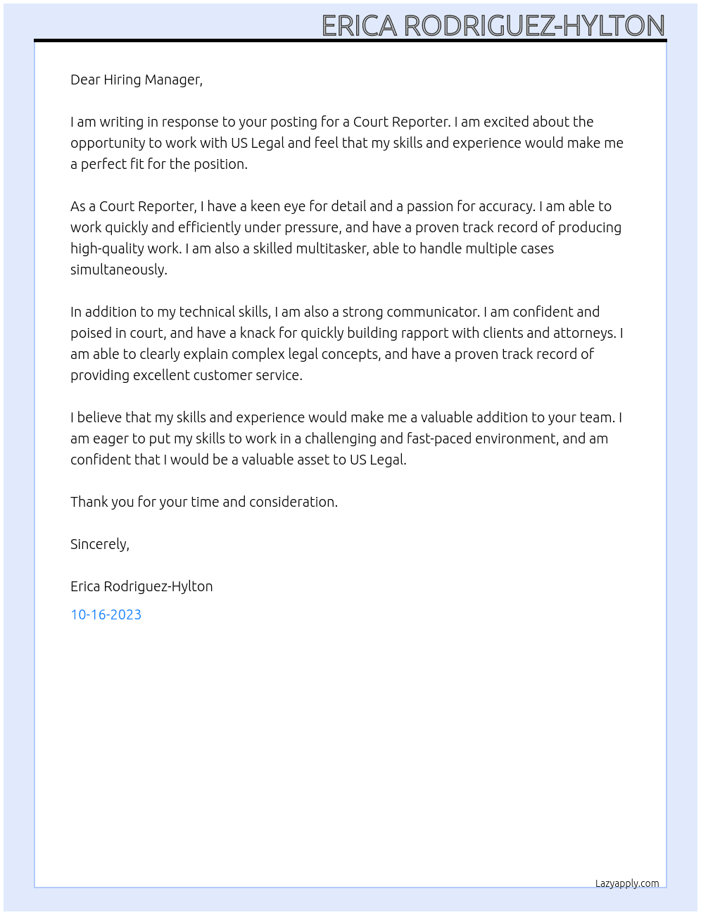 Court Report At US Legal Cover Letter