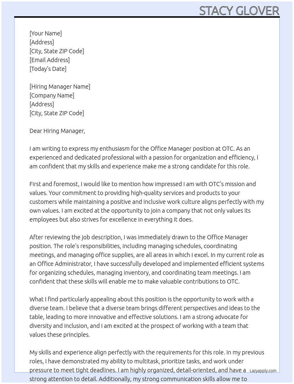 Office Manager At OTC Cover Letter