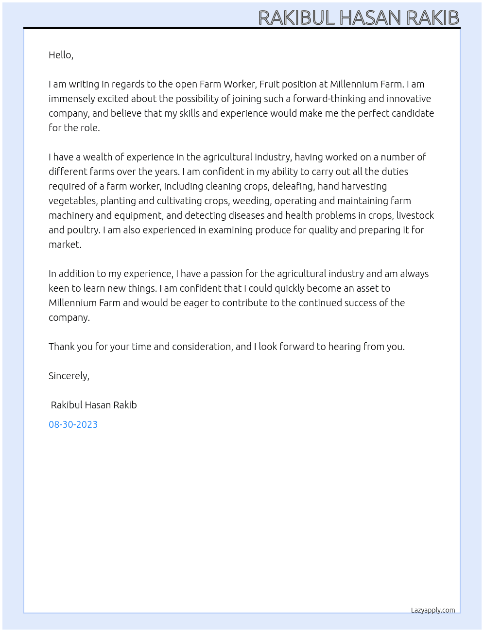 FARM WORKER, FRUIT At Millennium Farm Cover Letter