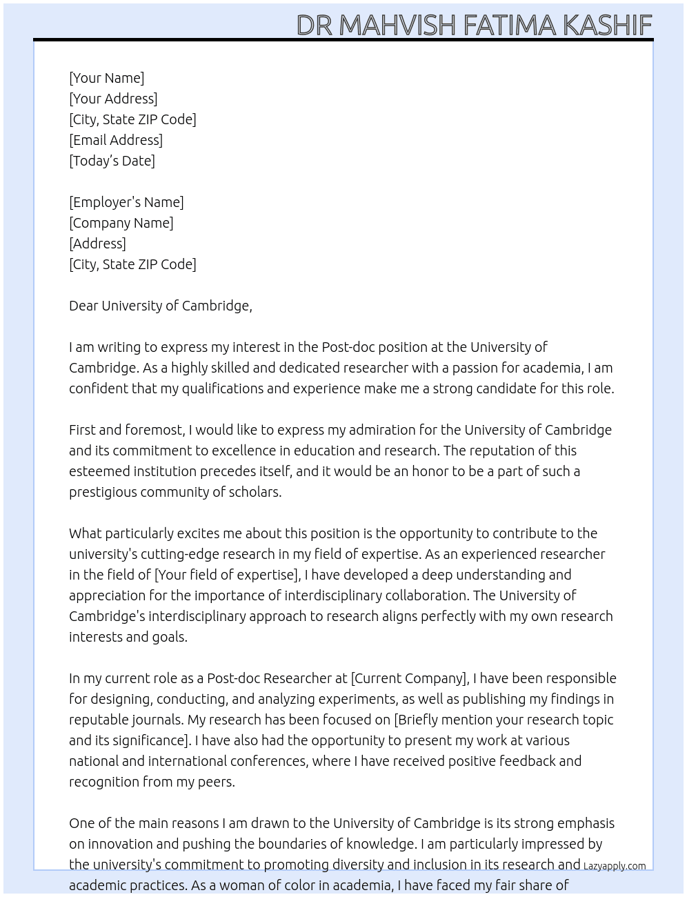 Post-doc At University of Cambridge  Cover Letter