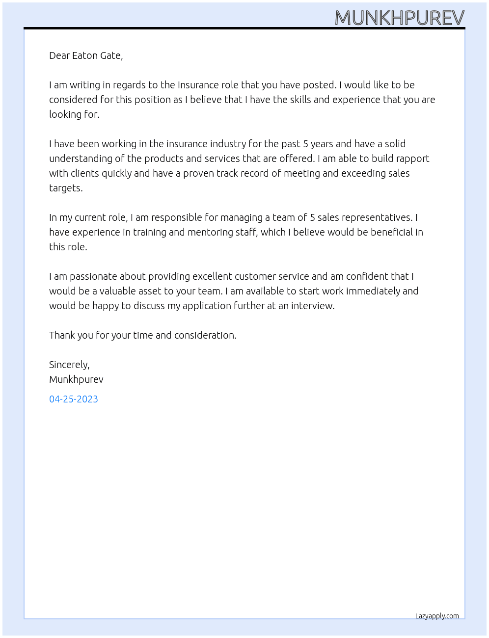Insurance role At Eaton Gate Cover Letter