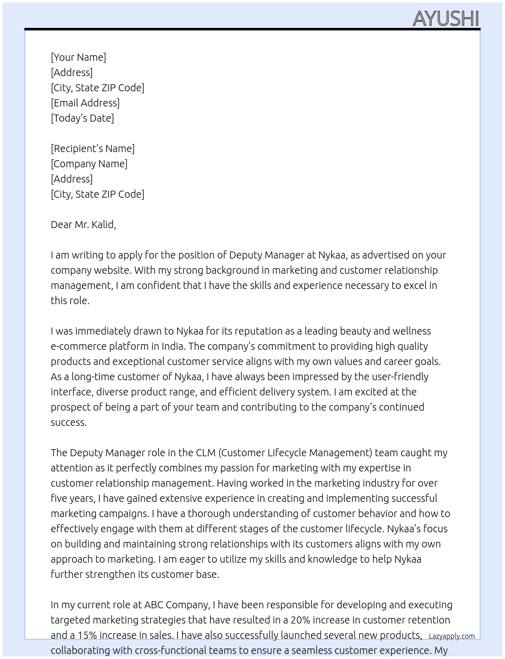 Deputy Manager At Nykaa Cover Letter