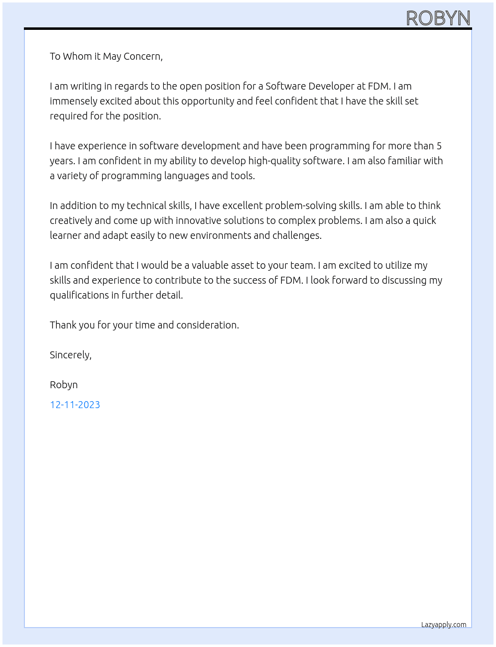 Software Developer At FDM Cover Letter