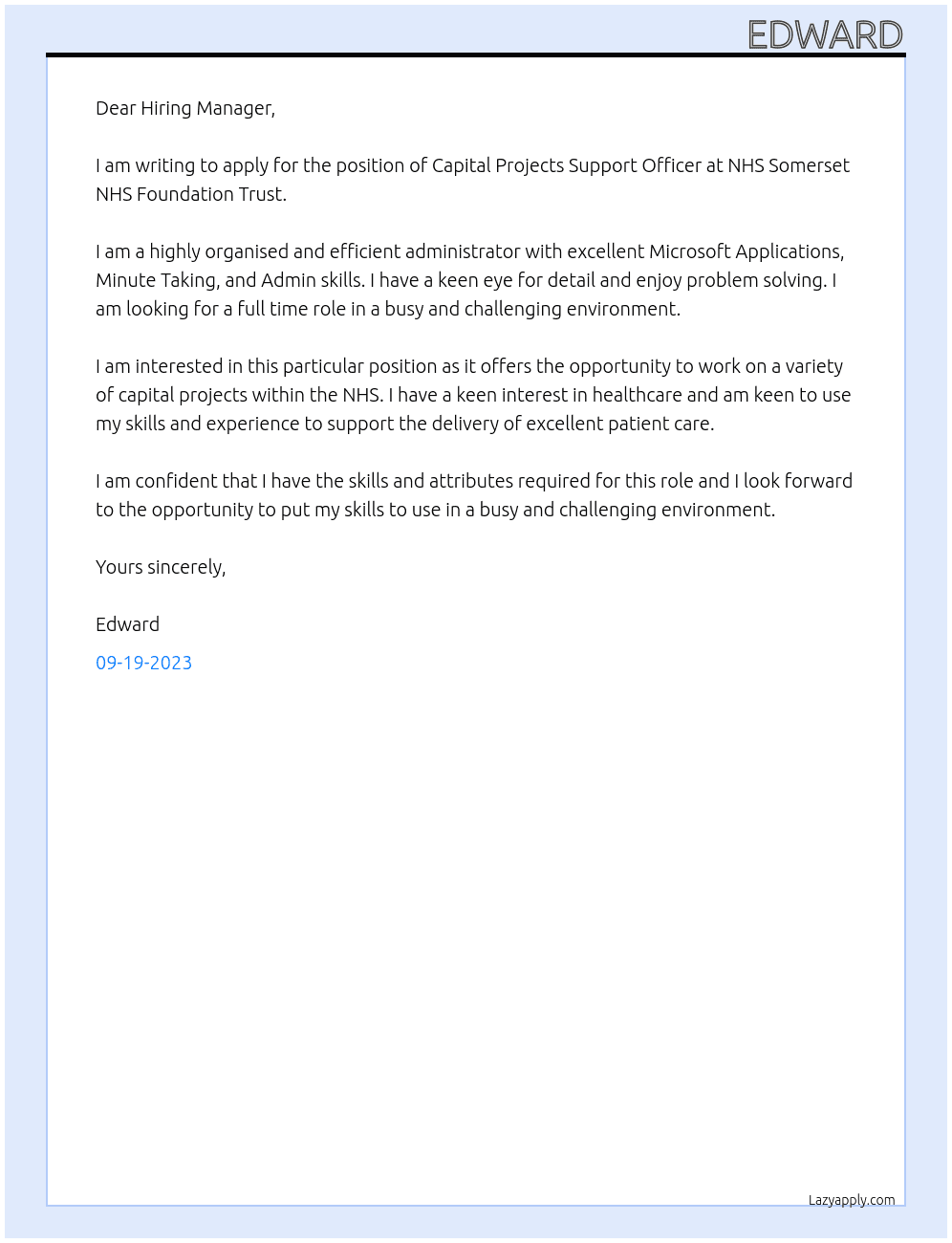 Capital Projects Support Officer At NHS Somerset NHS Foundation Trust Cover Letter