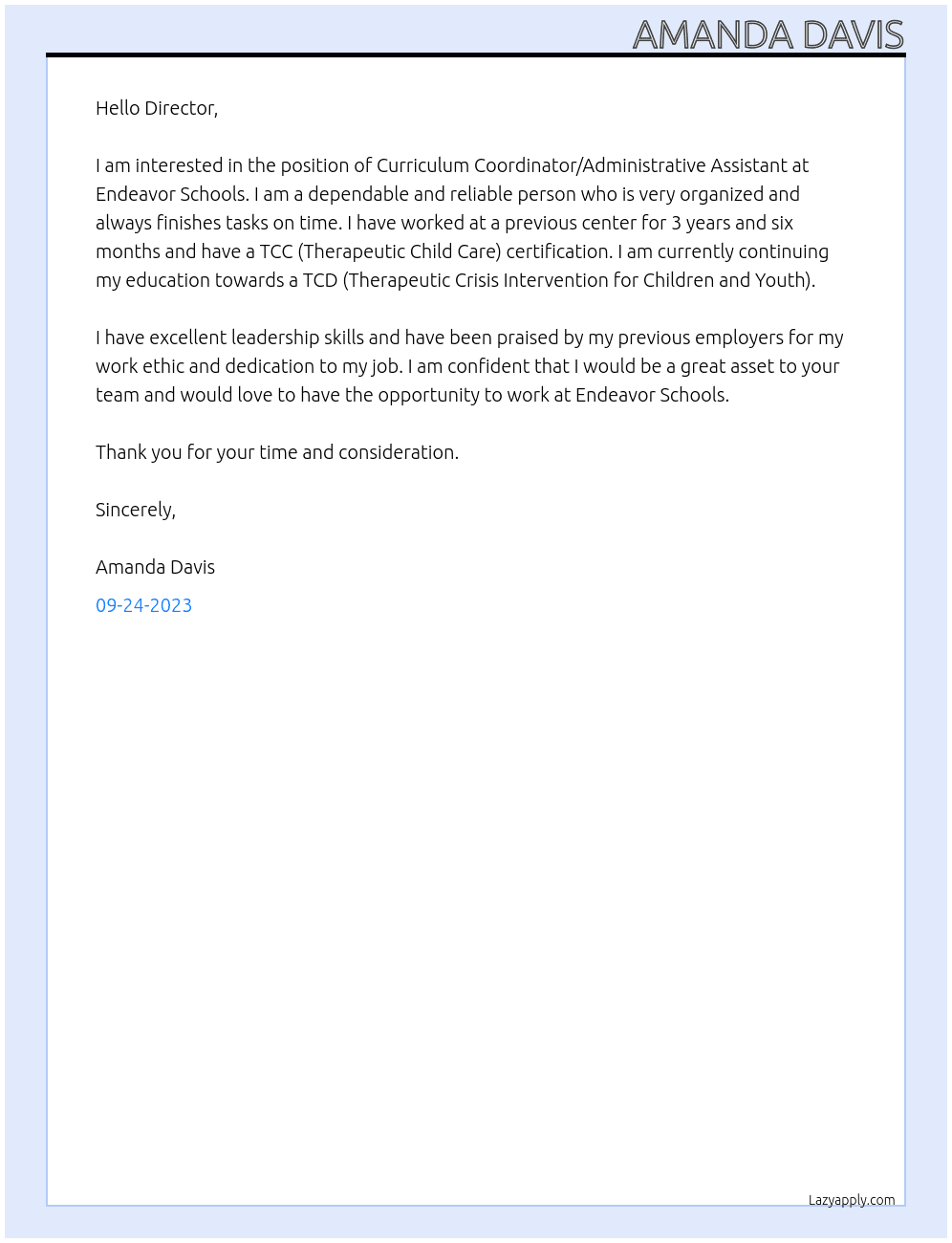 Curriculum Coordinator/Administrative Assistant At Endeavor Schools Cover Letter