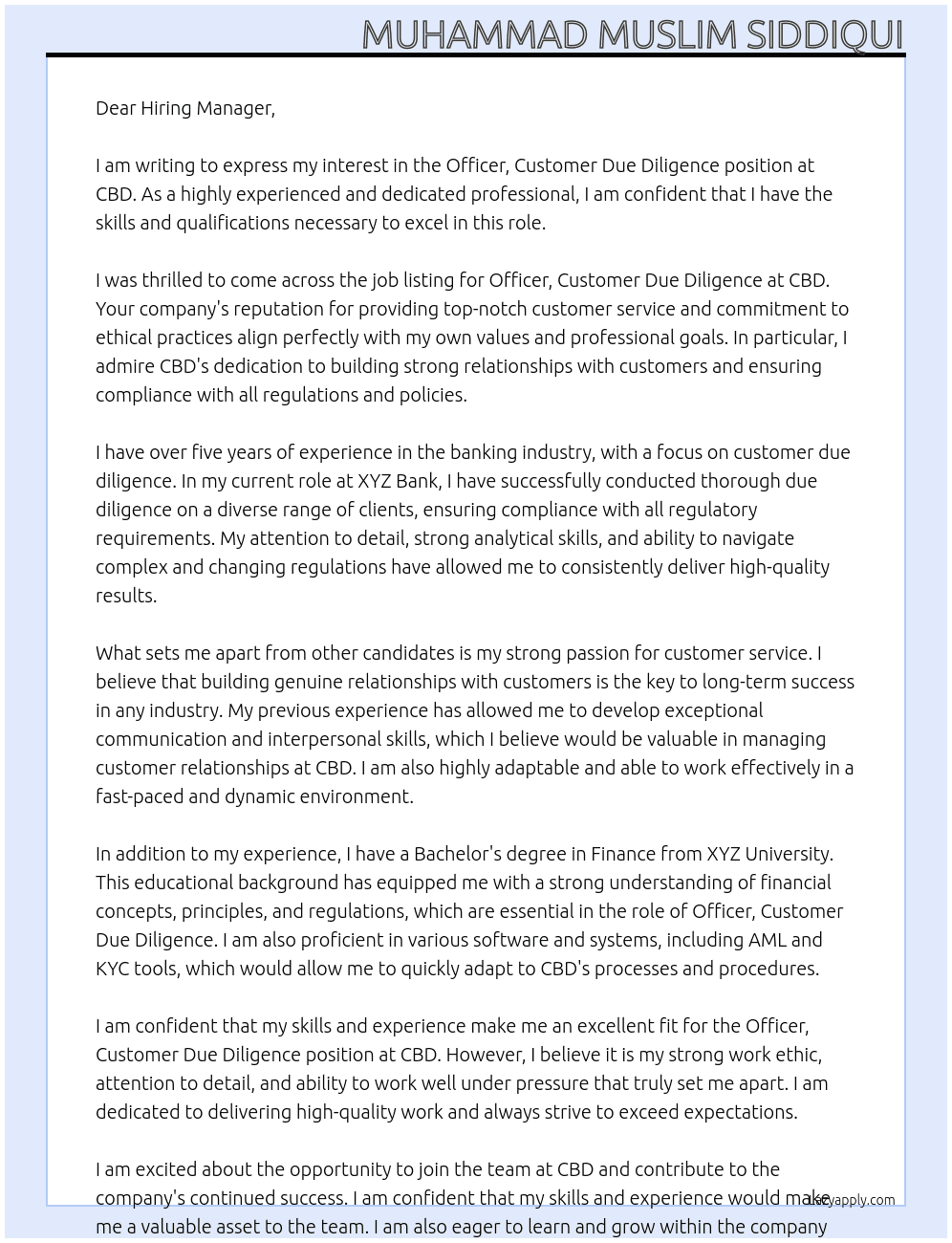 Officer, Customer Due Diligence At CBD Cover Letter