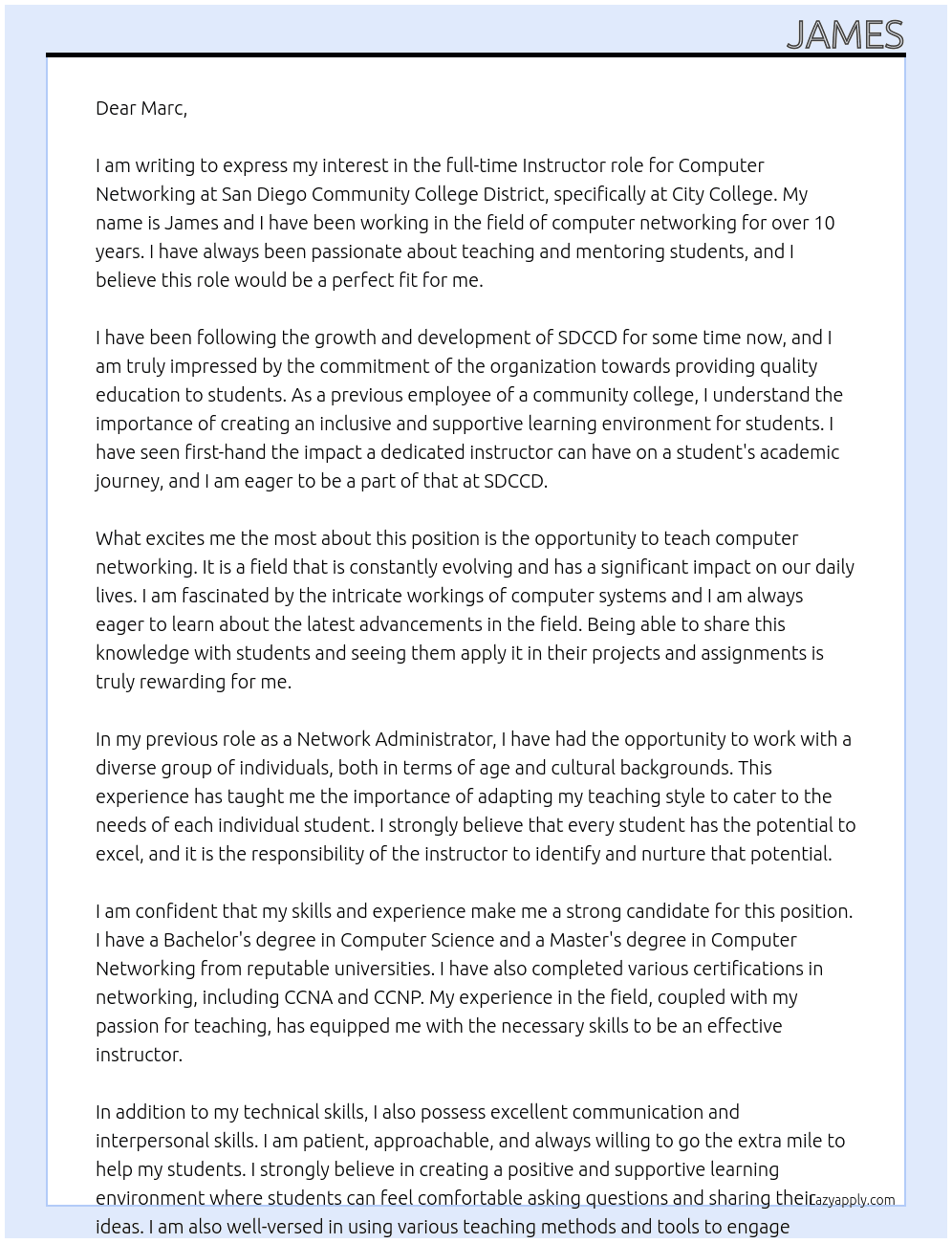 Instructor At San diego community college district Cover Letter