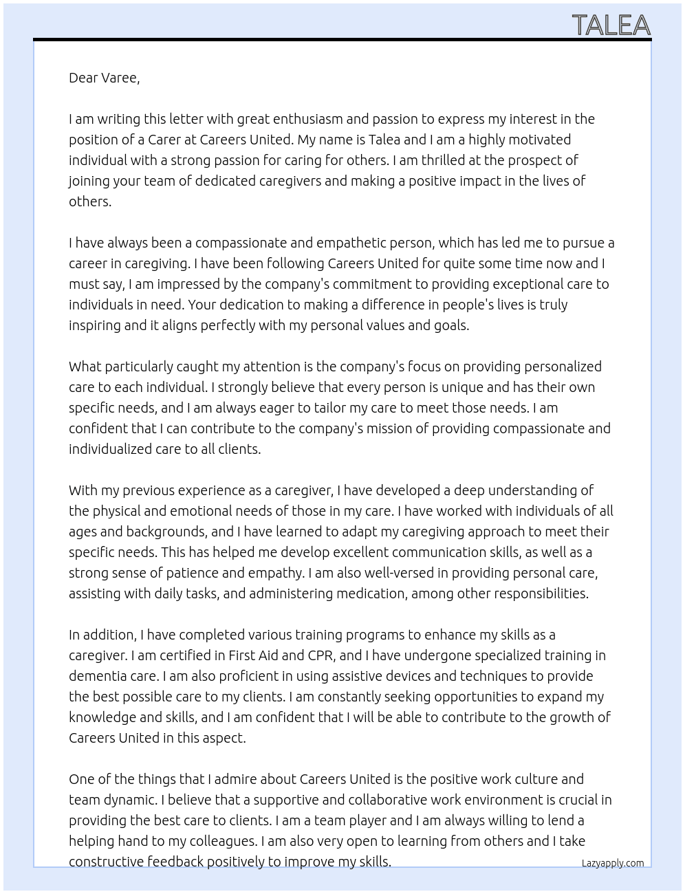 Carer At Careers united Cover Letter