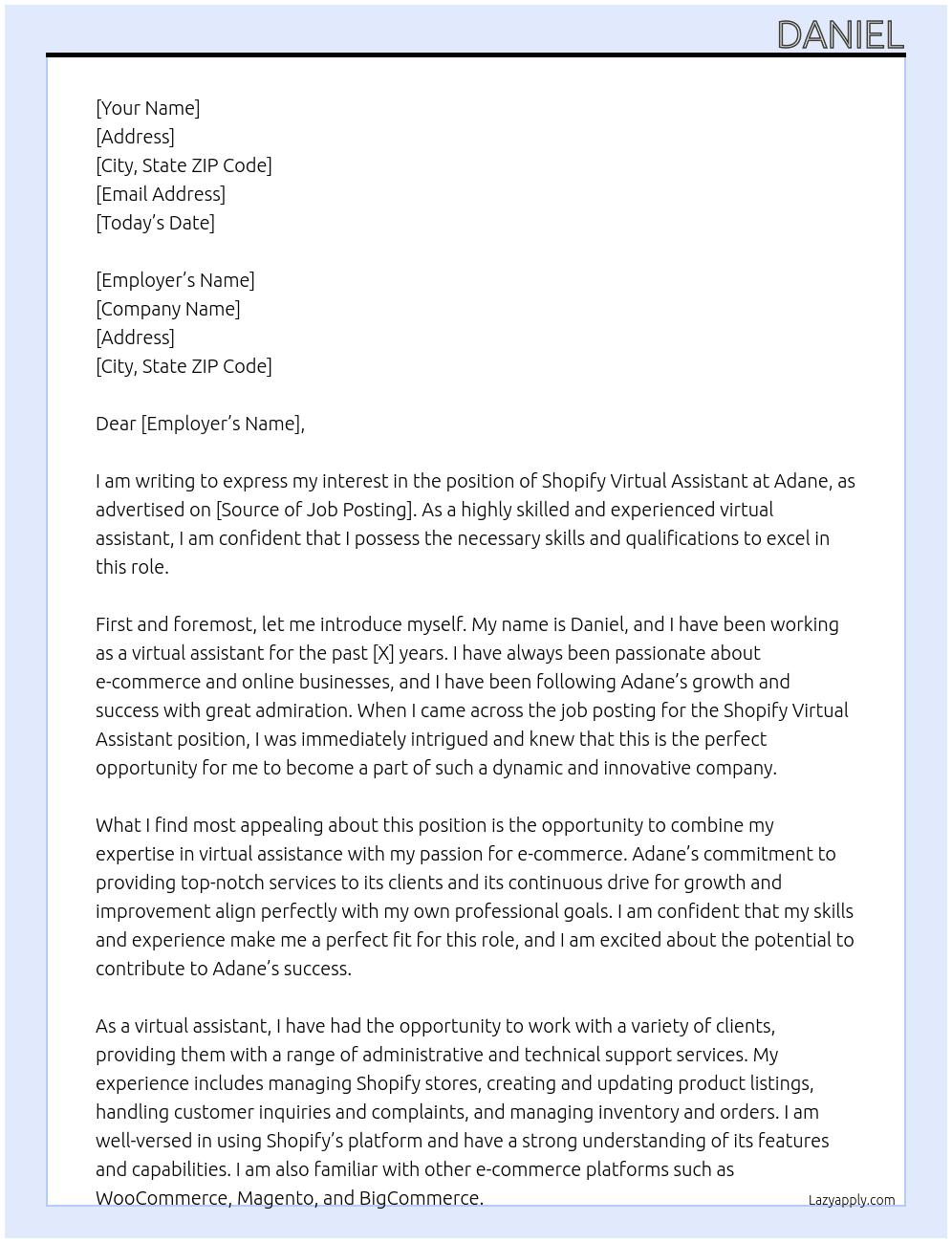 Shopify Virtual Assistant At Adane Cover Letter