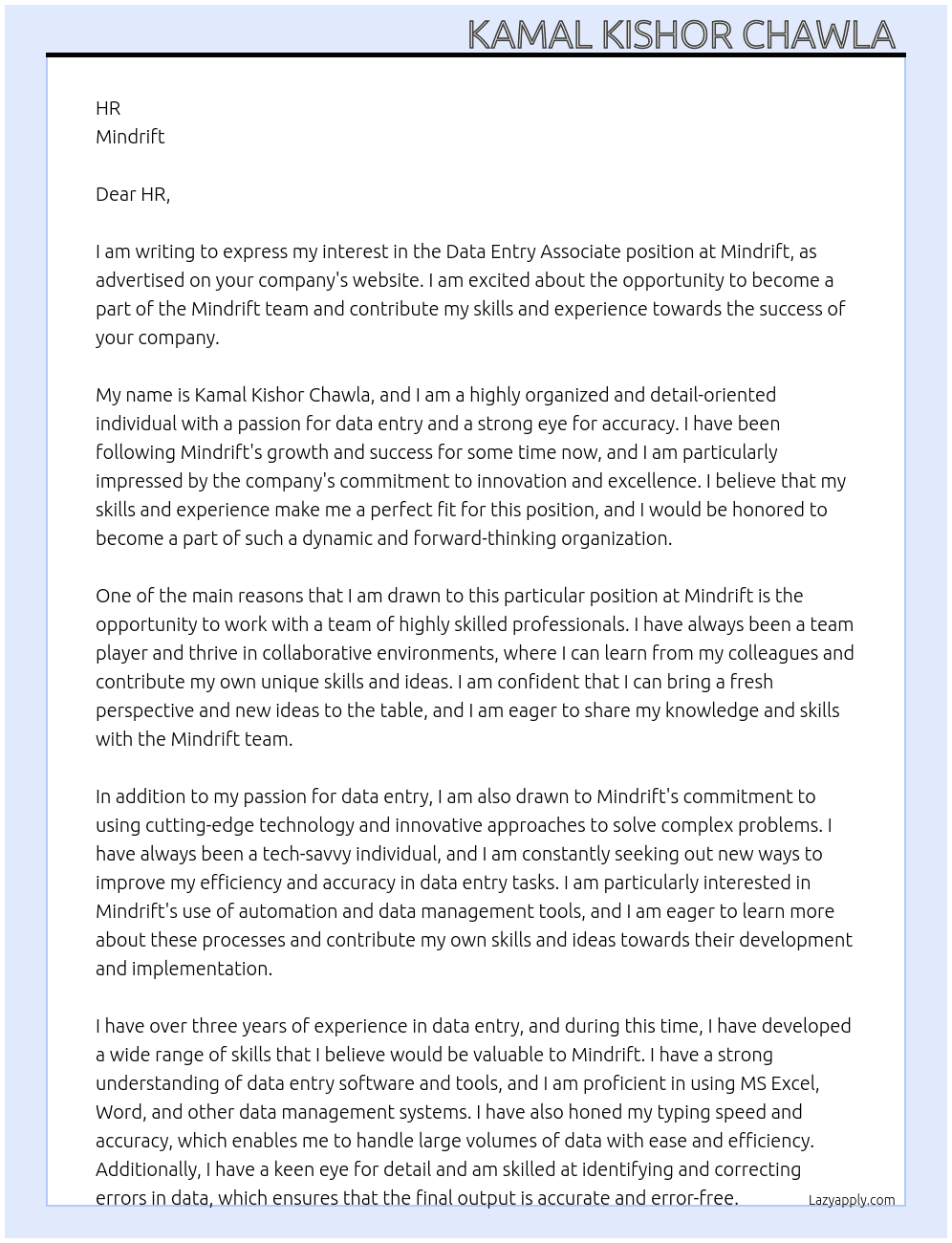 Data entry associate  At Mindrift Cover Letter