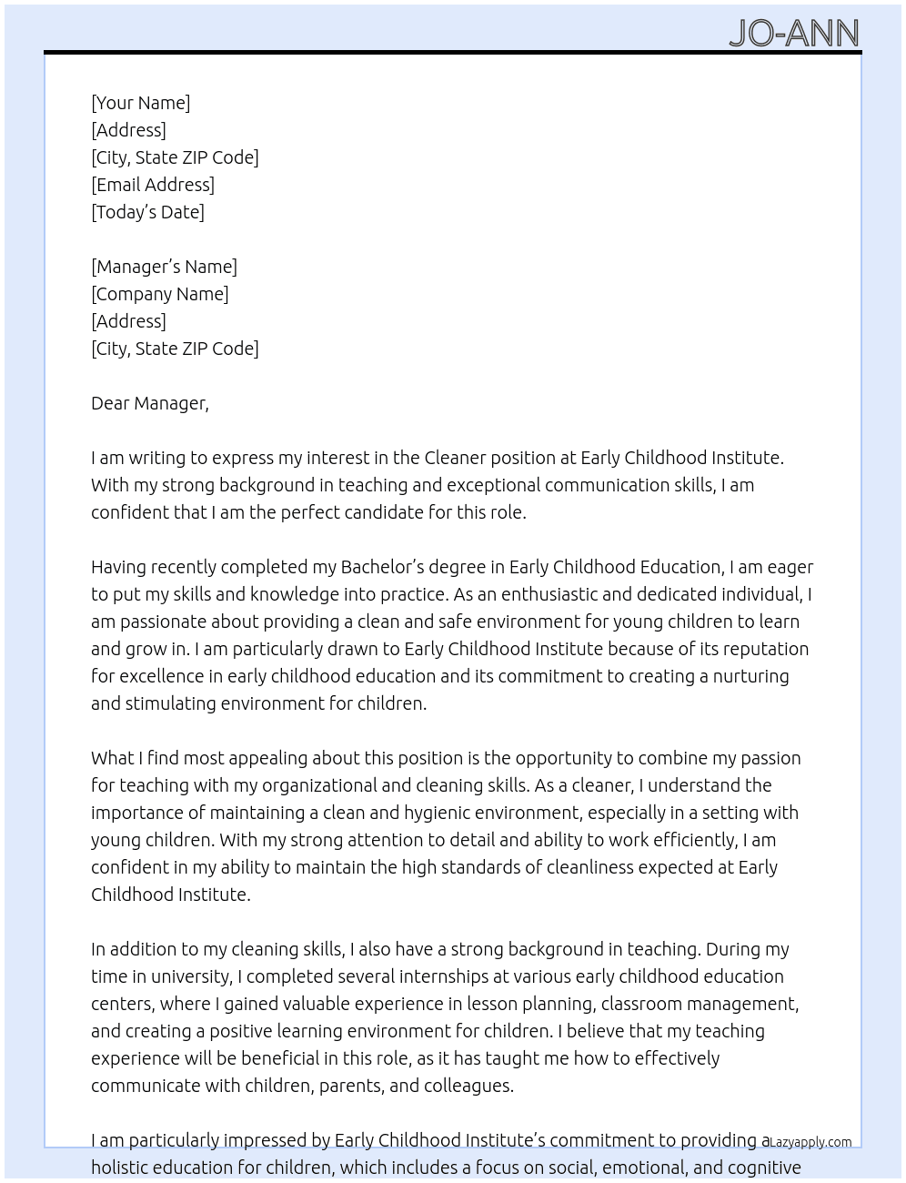 Cleaner At Early childhood institute  Cover Letter