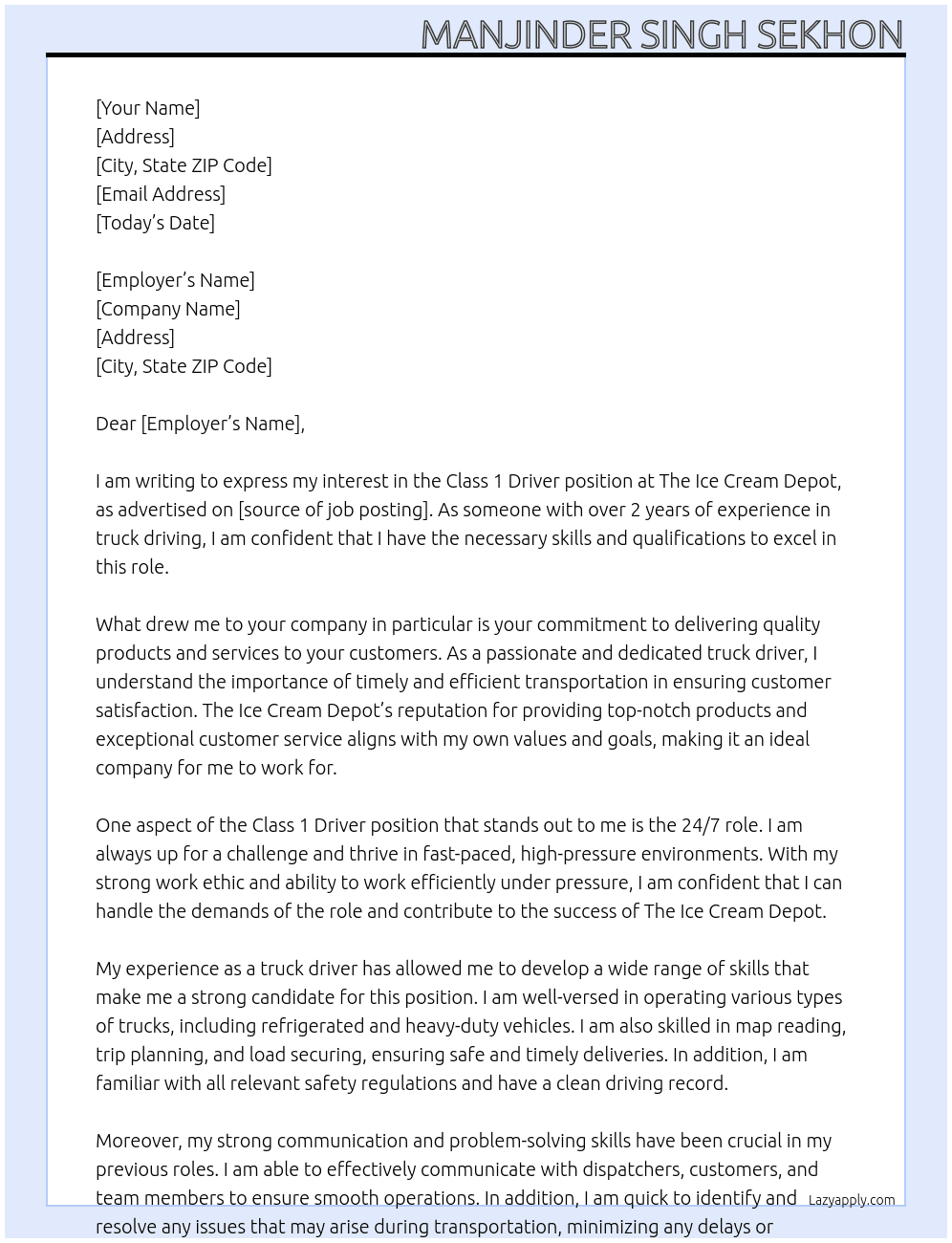 Class 1 driver At The Ice Cream Depot Cover Letter
