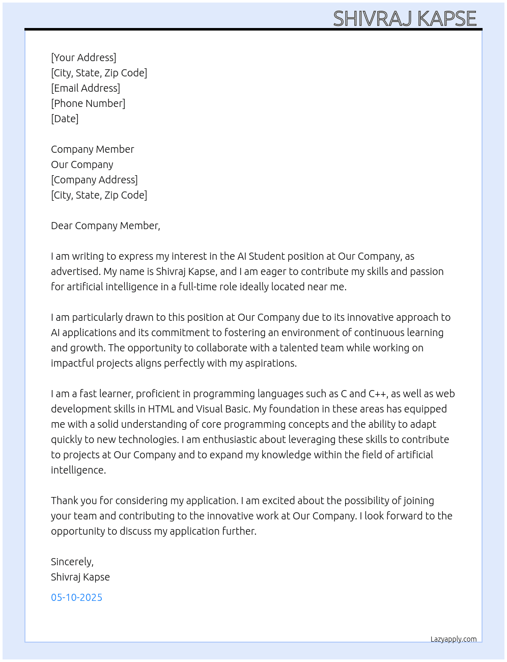 Cover letter for ai student - LazyApply