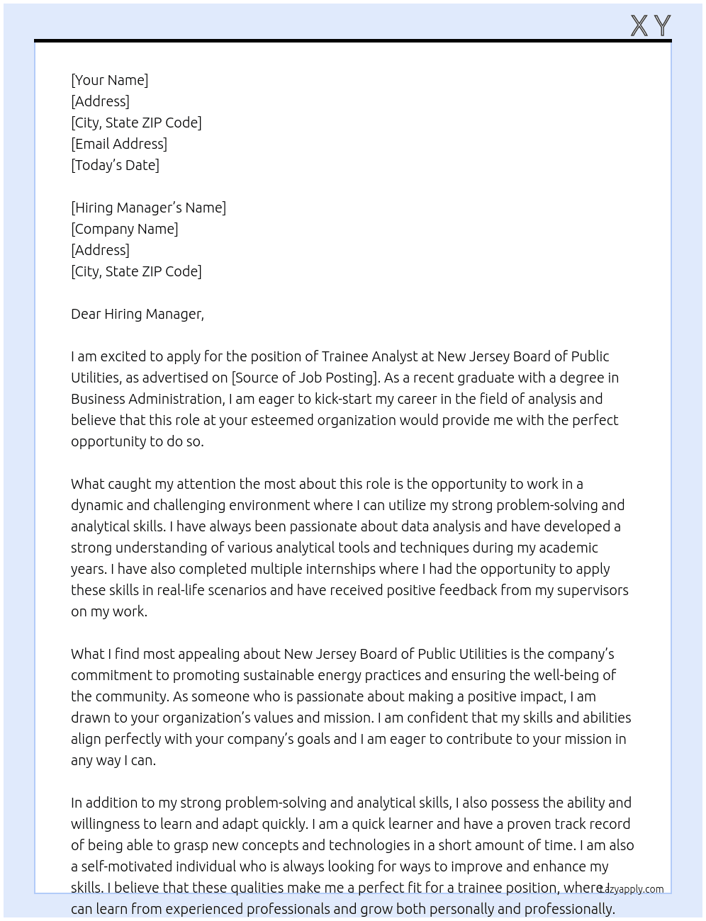 Trainee Analyst At New Jersey Board of Public Utilities  Cover Letter
