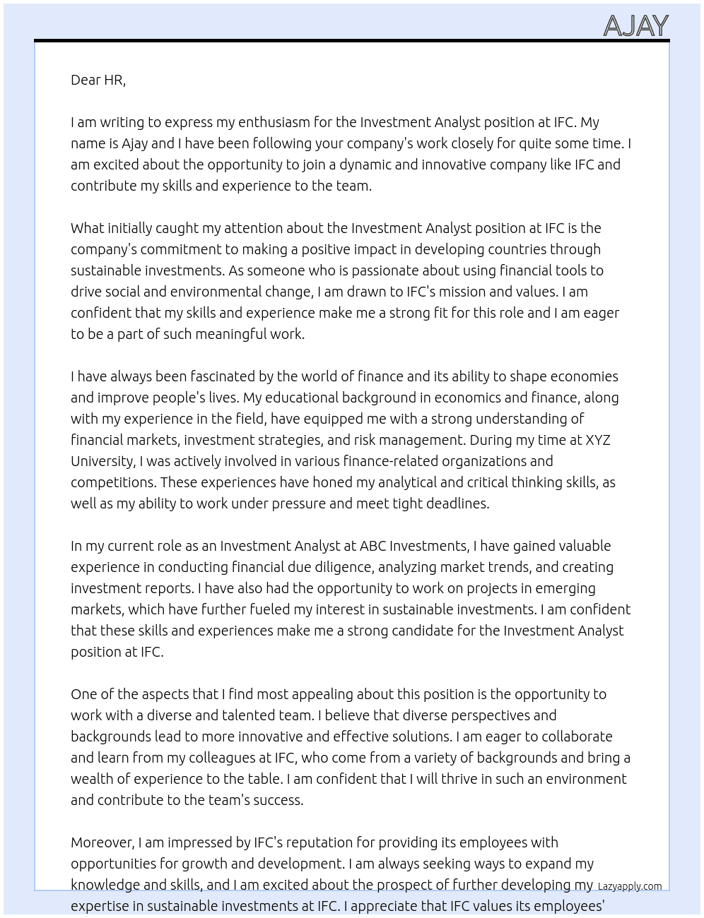 Investment analyst At IFC Cover Letter