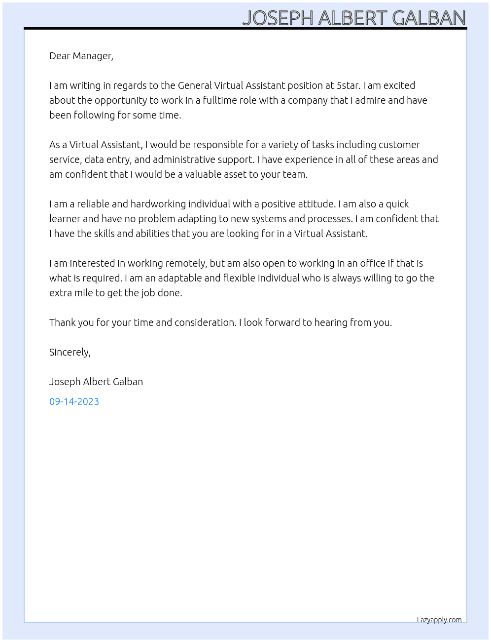 General Virtual Assistant At 5star Cover Letter