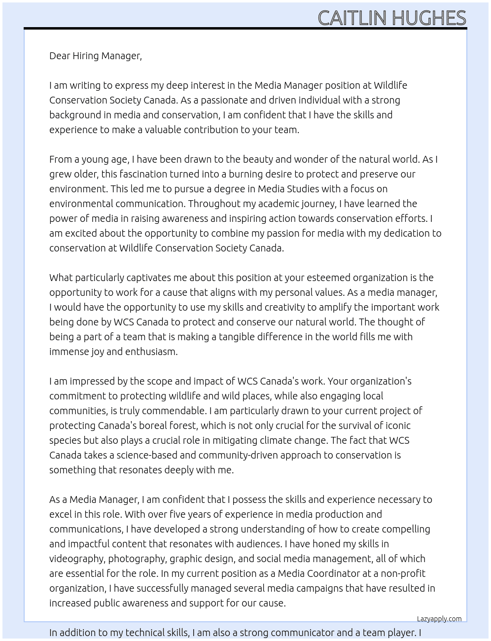 Media Manager At Wildlife Conservation Society Canada Cover Letter