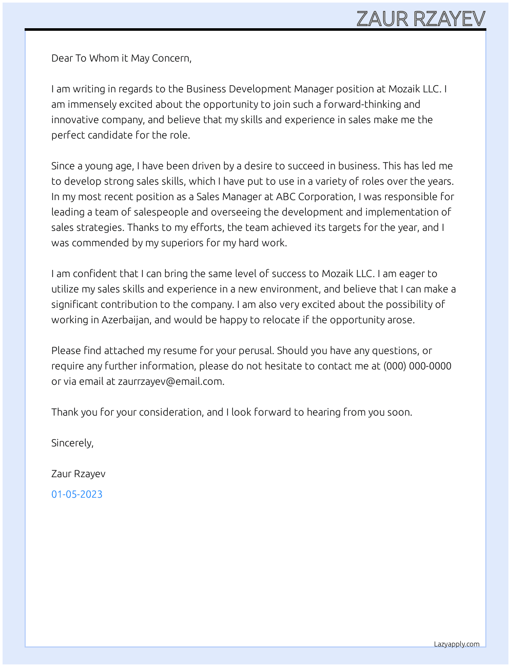 Business Development Manager At Mozaik LLC Cover Letter