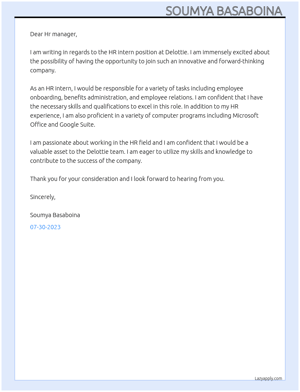 HR intern At Delottie Cover Letter