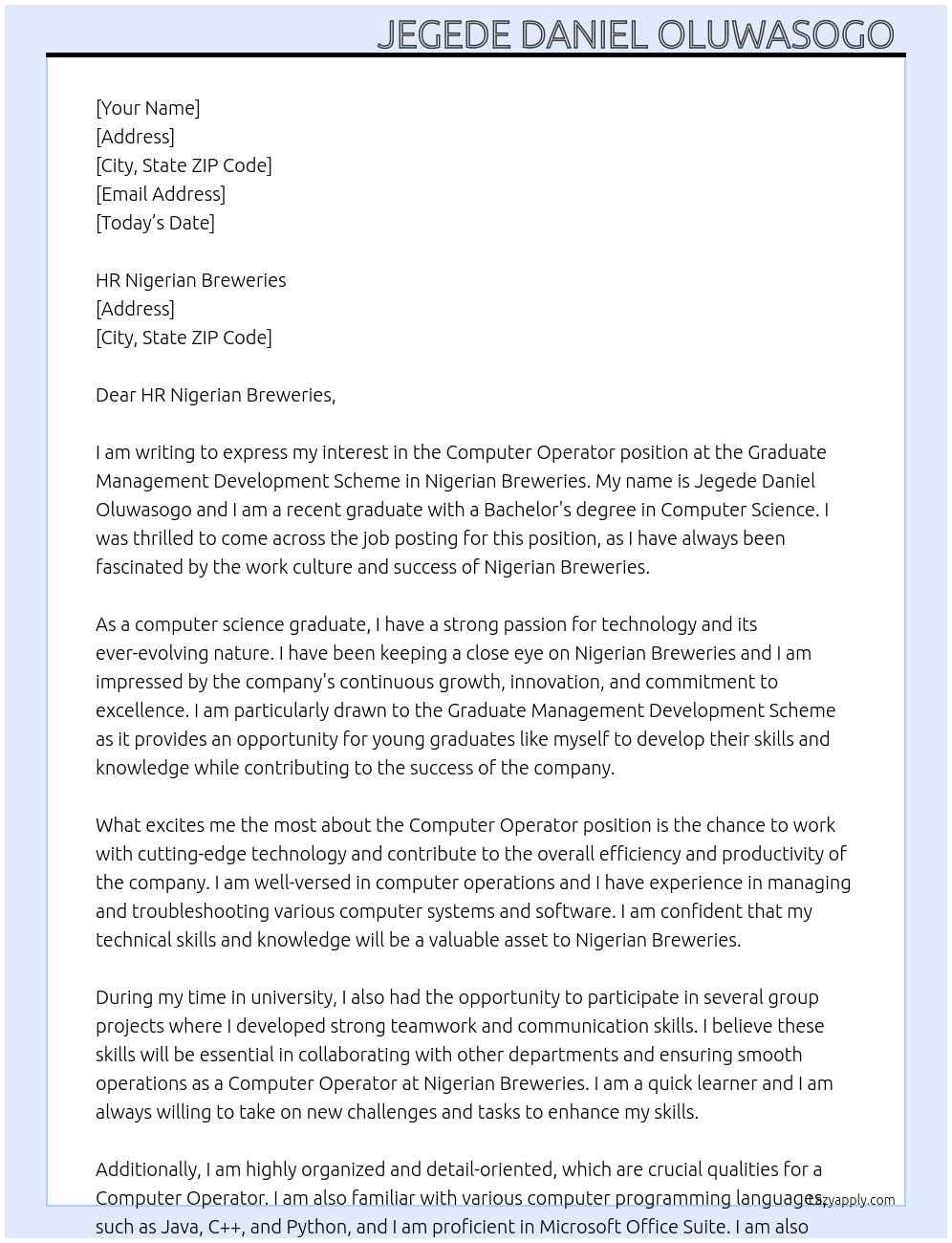 Computer operator  At Graduate Management Development Scheme  Cover Letter