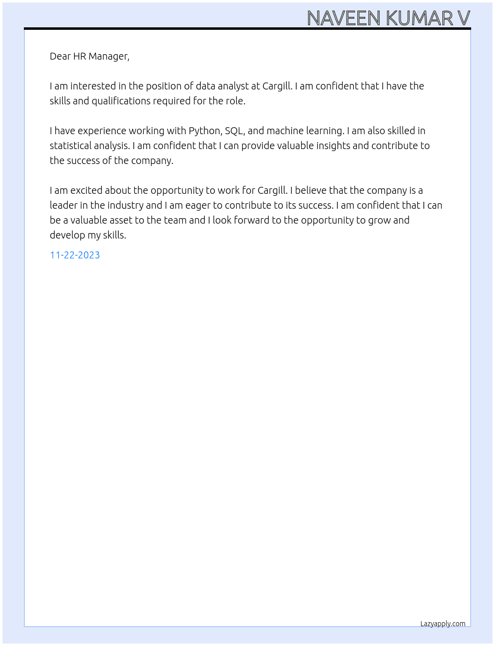 data analysis  At Cargill Cover Letter