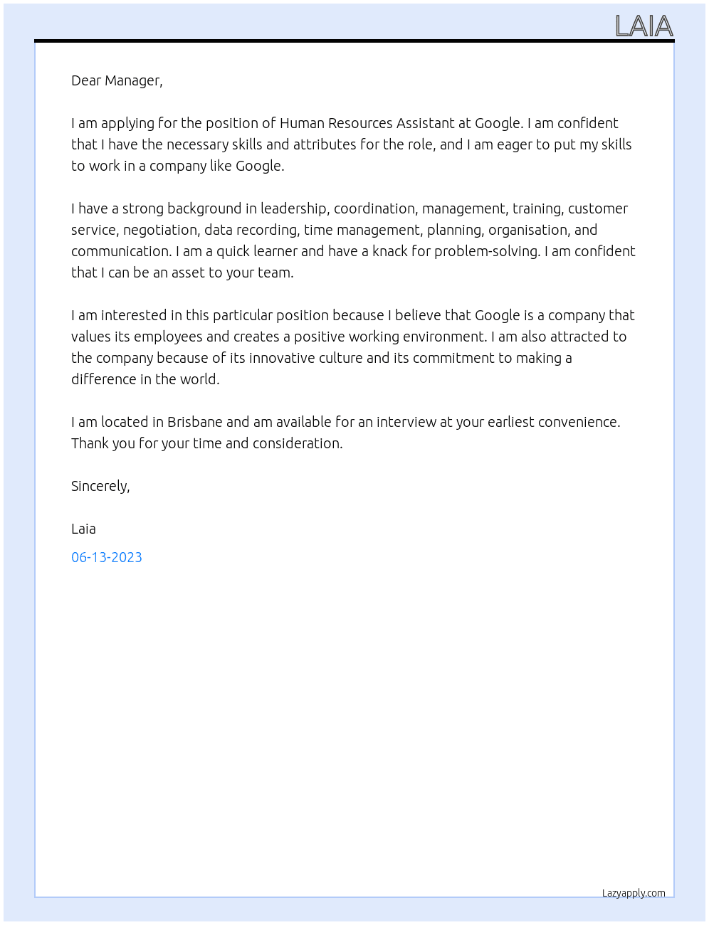 Human Resources Assistant At Google Cover Letter