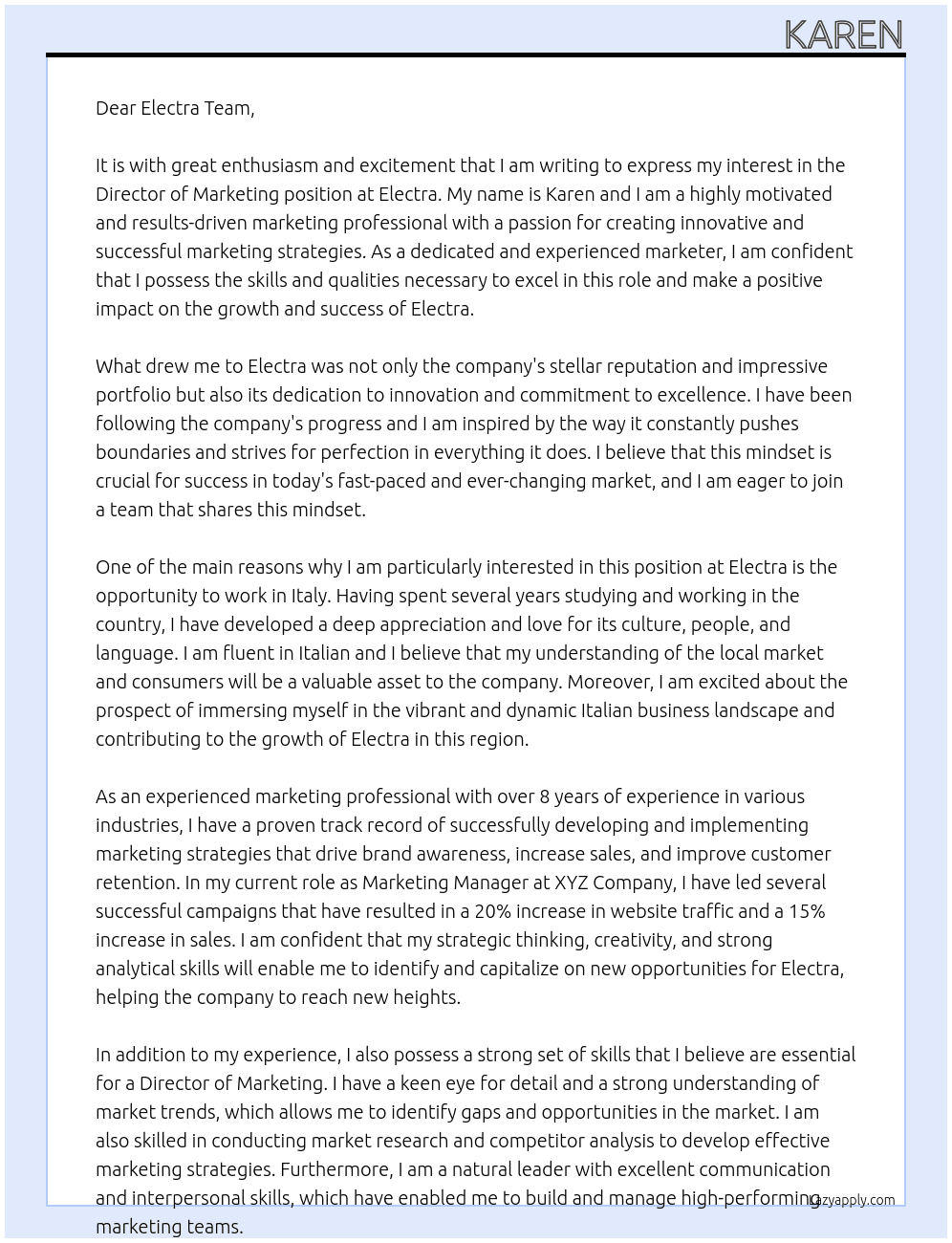 Director of Marketing At Electra Cover Letter