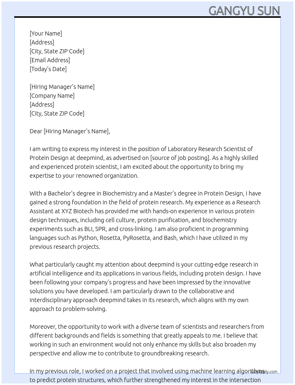 Laboratory Research Scientist of protein design At deepmind Cover Letter