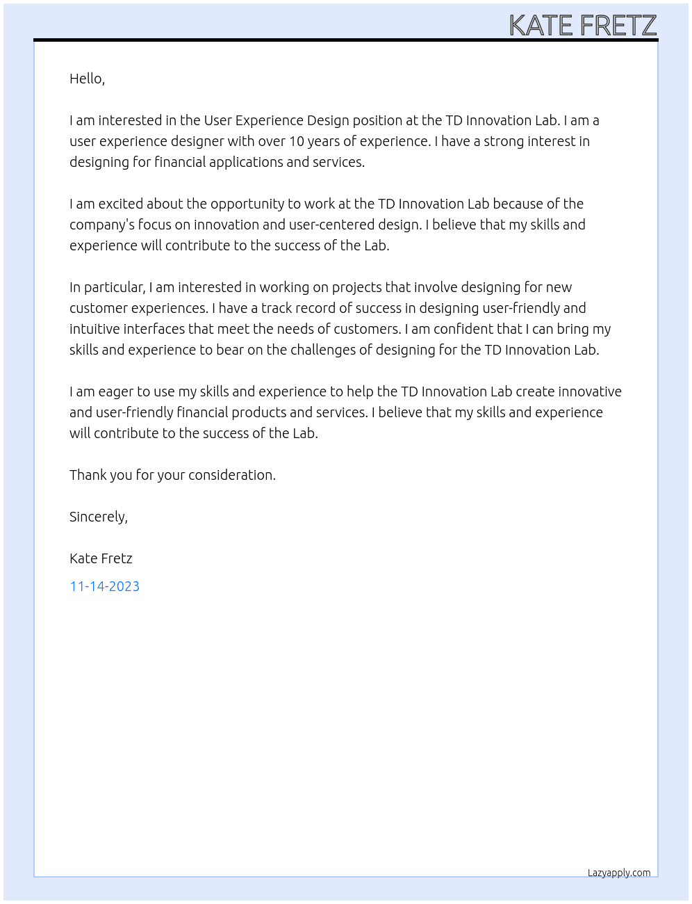 User Experience Design At TD Innovation Lab Cover Letter
