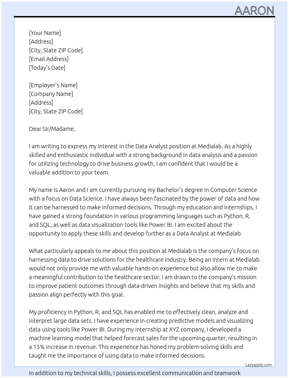 Data analyst At Medialab Cover Letter