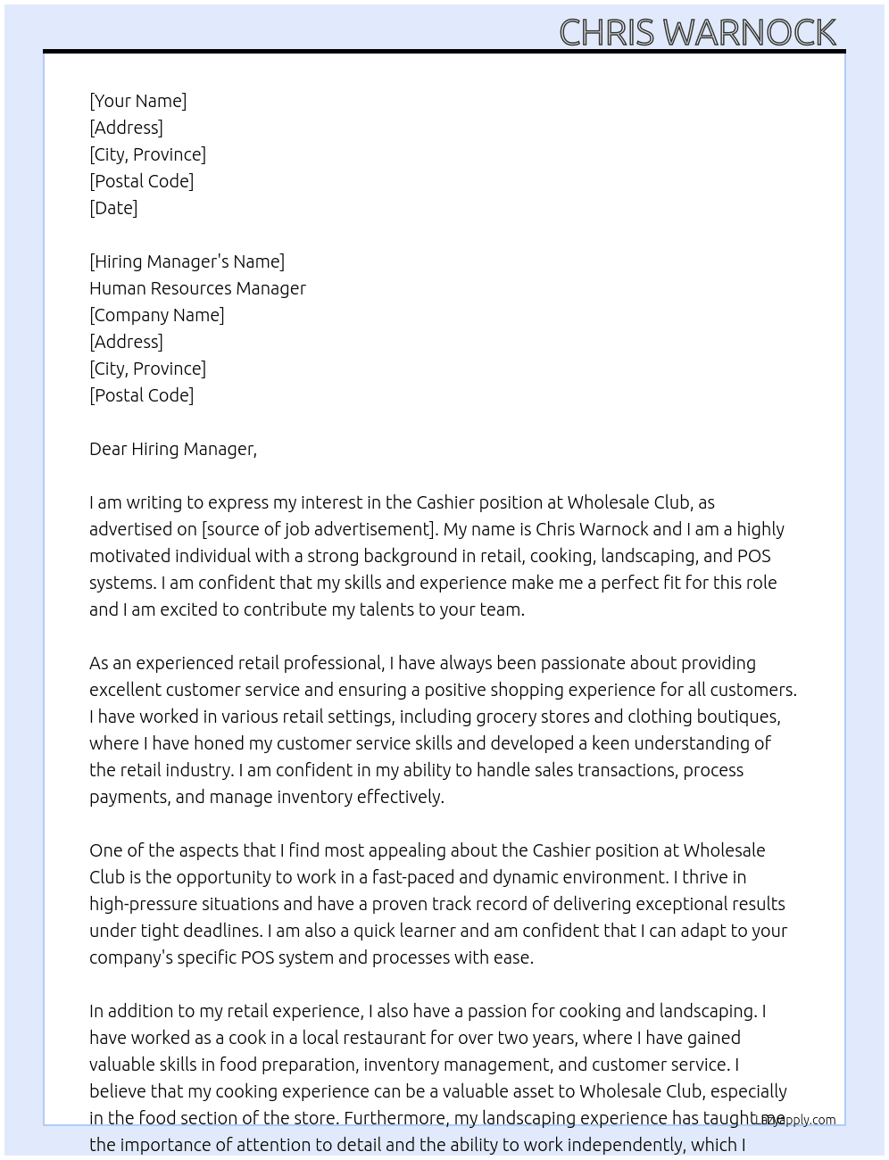 Cashier At Wholesale Club Cover Letter