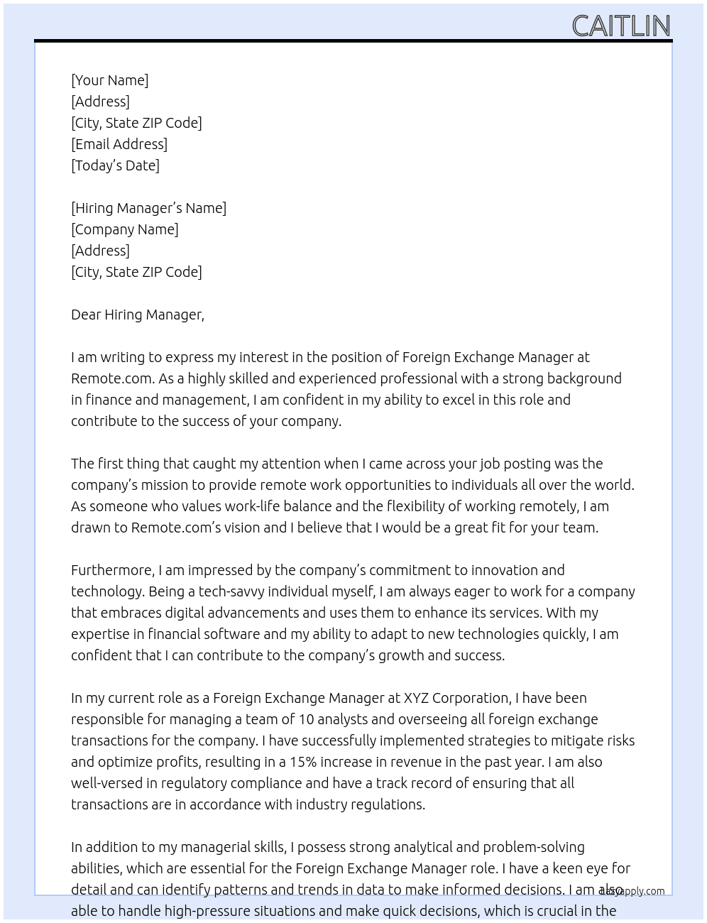 Foreign Exchange Manager At Remote.com Cover Letter