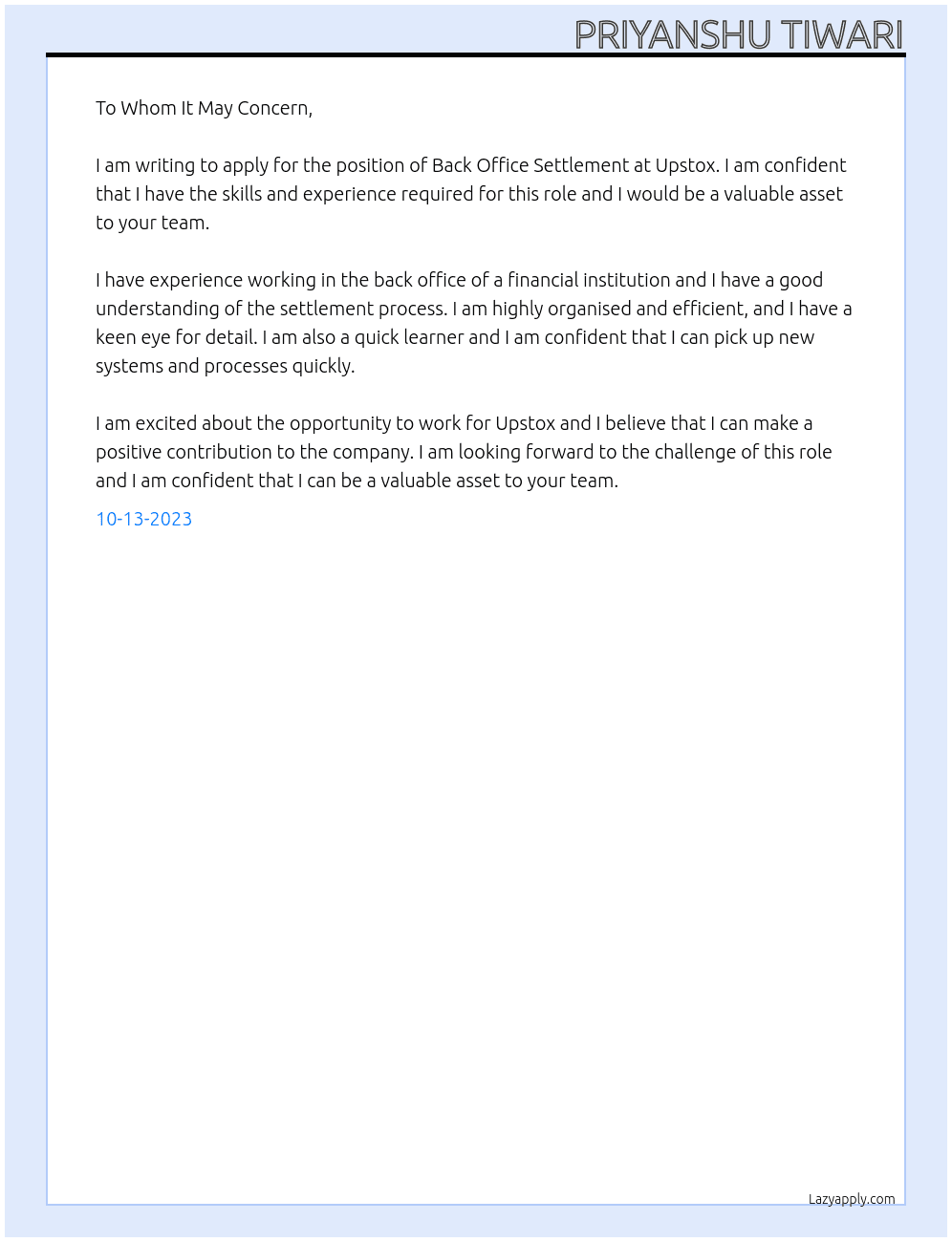 Back Office settlement At Upstox Cover Letter