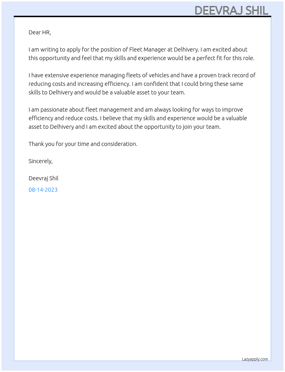Fleet Manager  At Delhivery Cover Letter