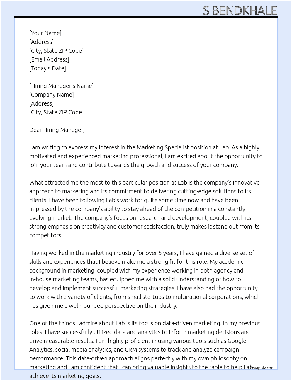 Marketing specialist  At Lab Cover Letter
