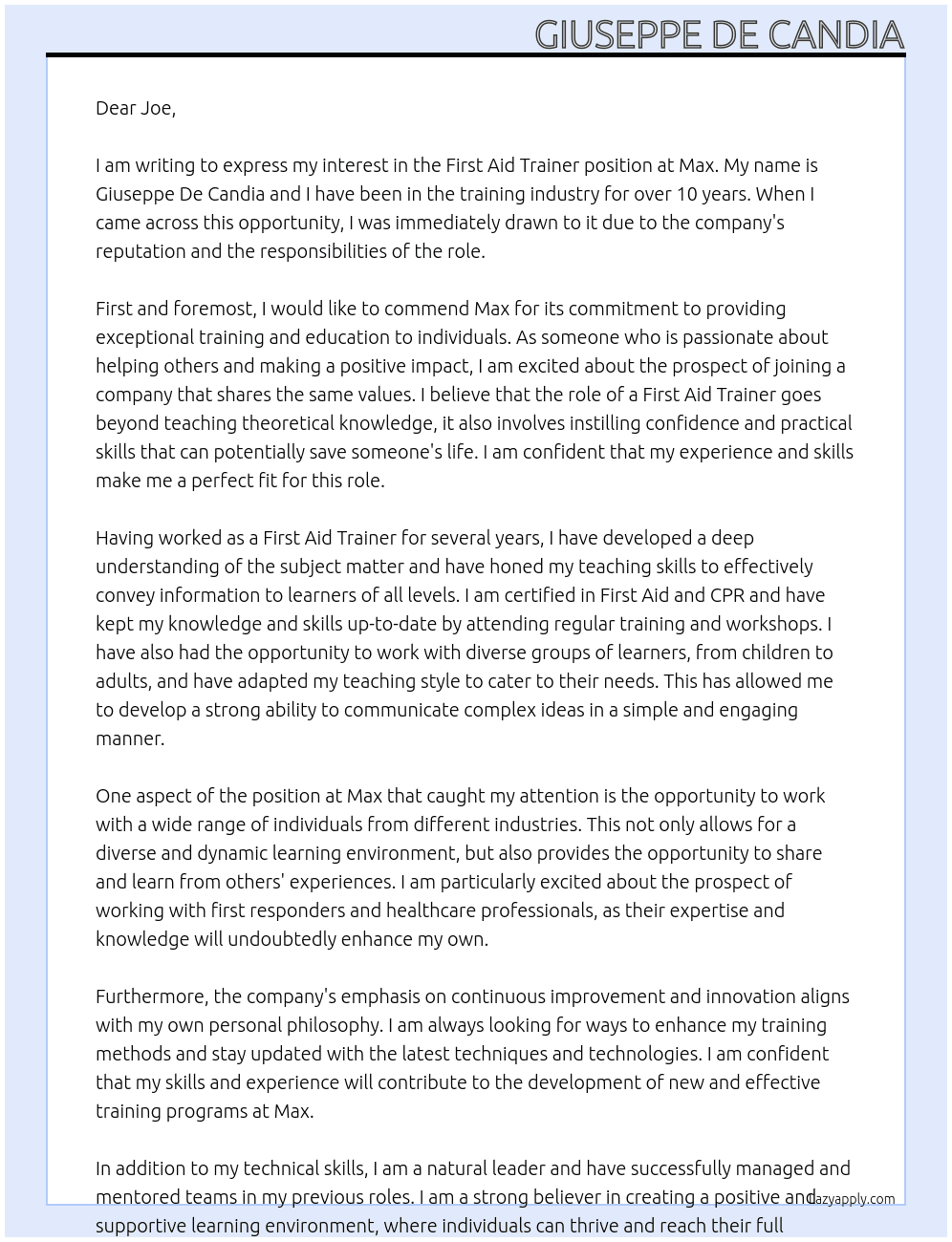 first Aid trainer At Max Cover Letter