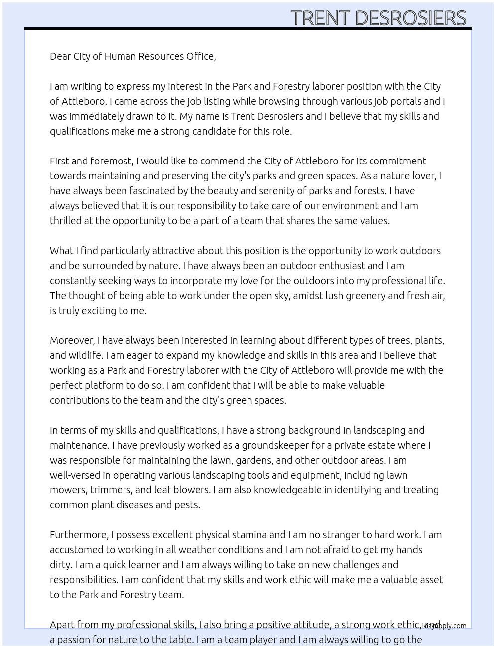 Park and Forestry laborer  At City of Attleboro  Cover Letter
