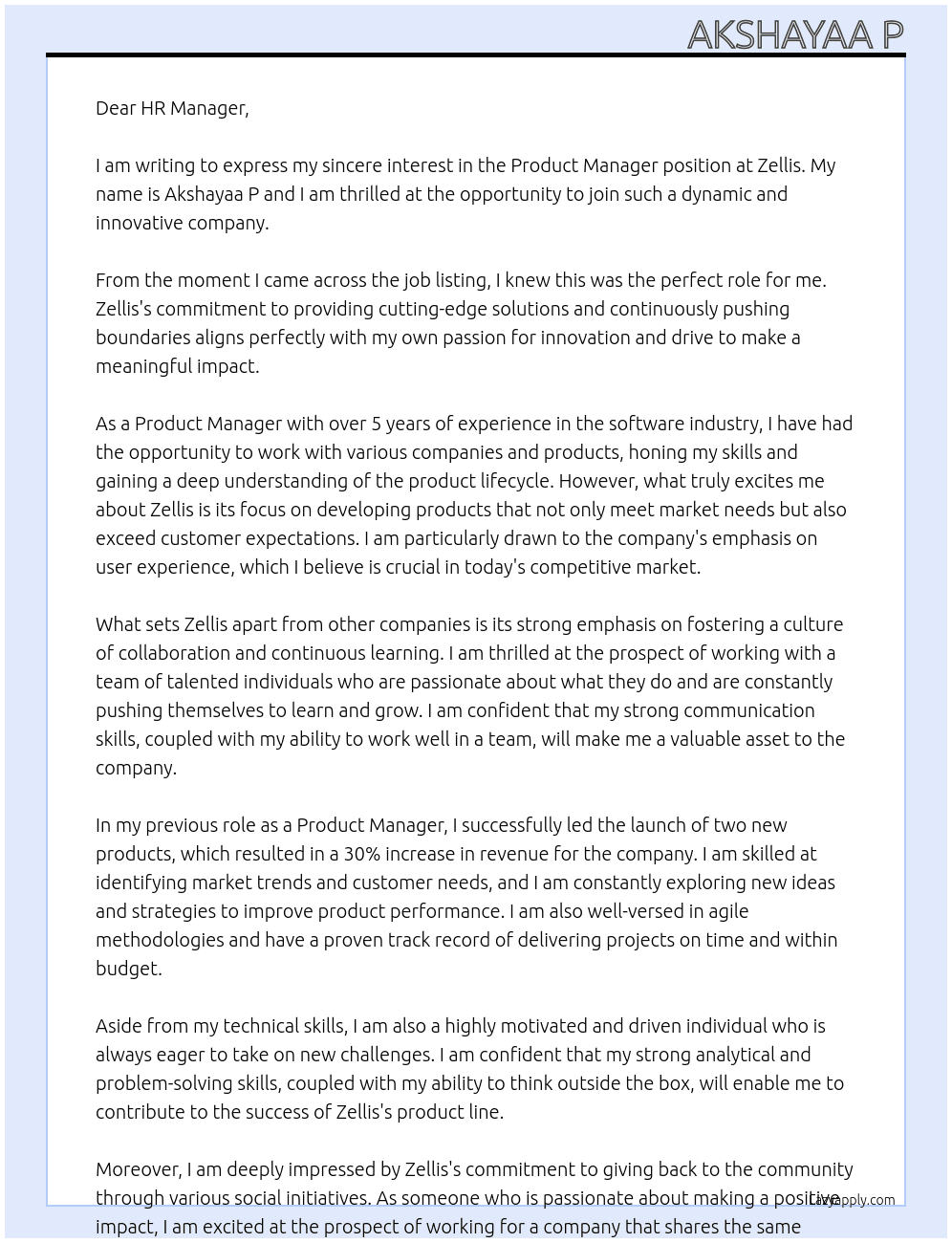 Product Manager At Zellis Cover Letter