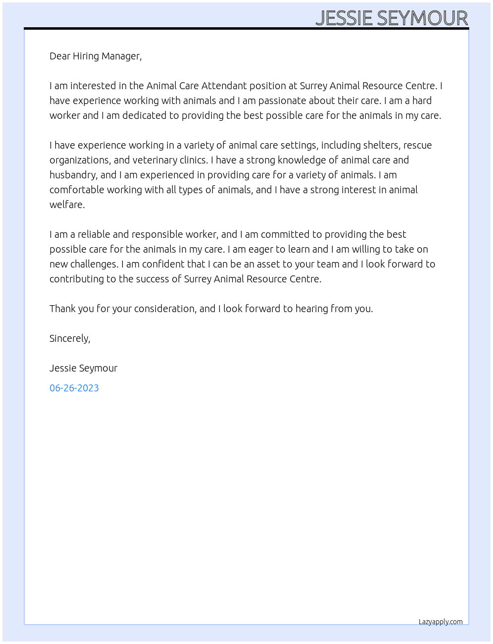 Animal Care Attendant At Surrey Animal Resource Centre Cover Letter