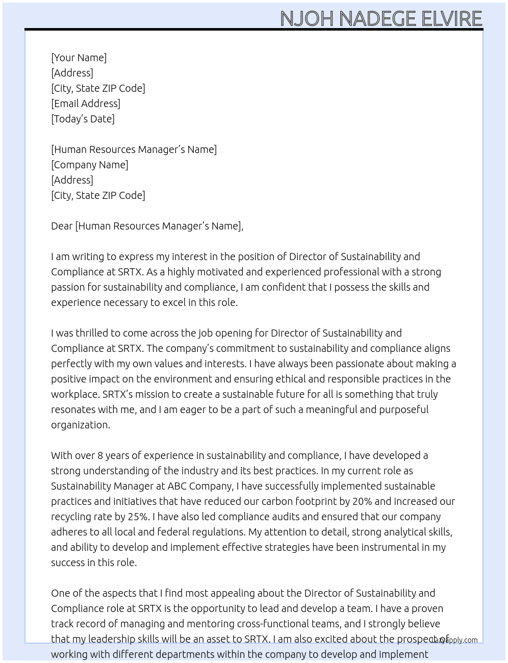 Director of Sustainability and compliance At SRTX Cover Letter